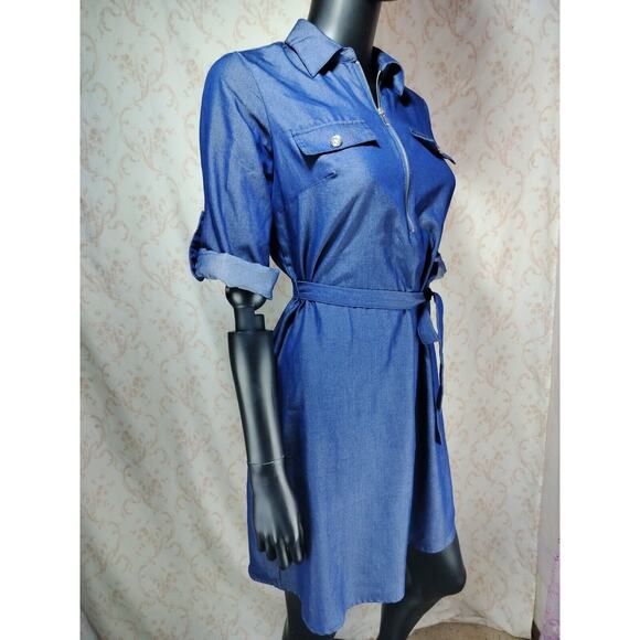 Mlle Gabrielle Lightweight Denim Look Dress Zip Front Tie Waist, Size S - Picture 2 of 16